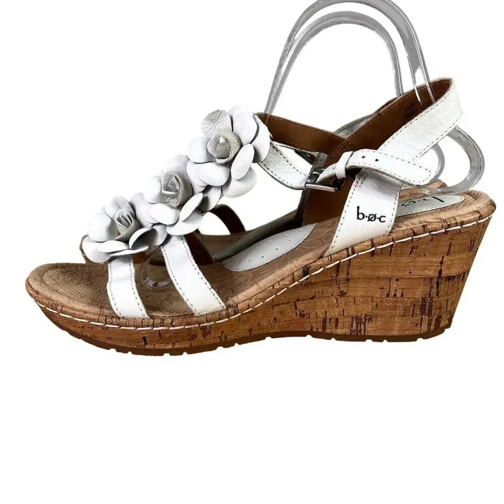 BOC Cornelis Wedge Sandals 10M White Floral Adjustable Ankle Strap Leather Upper
